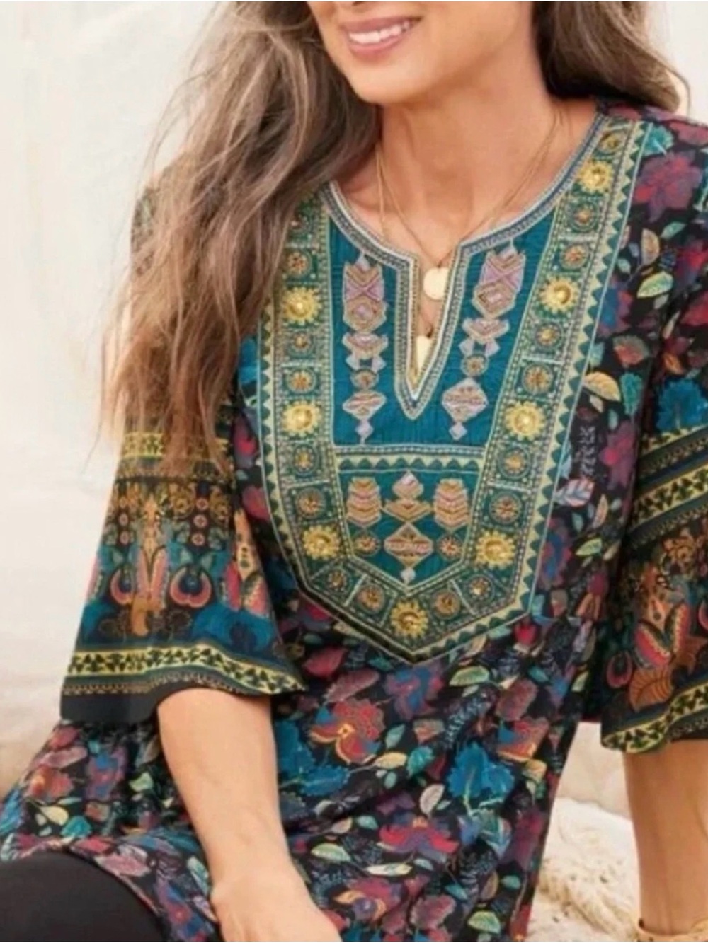 Soft Surroundings XL Floral Tunic Teal Velvet Beaded Embroidered Boho